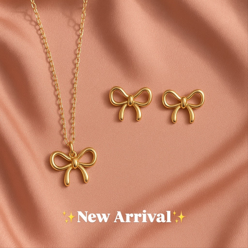 Golden Bow Charm Necklace & Stud Earrings Set
