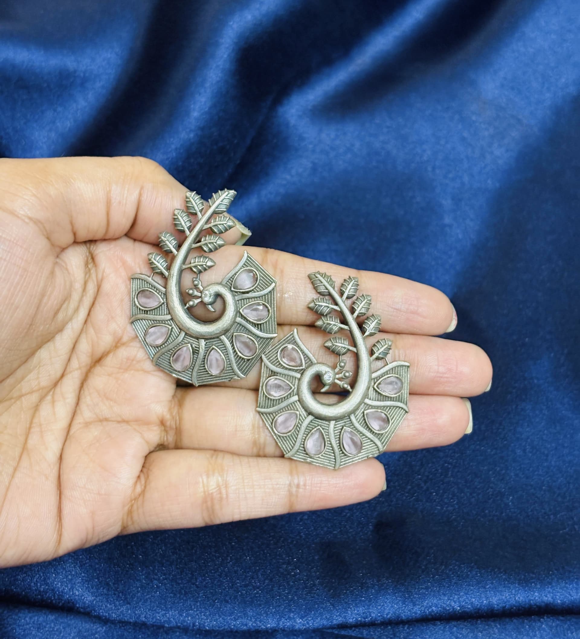 Oxidised Silver Peacock Earrings | Tribal Leaf Design Studs with Pink Stones