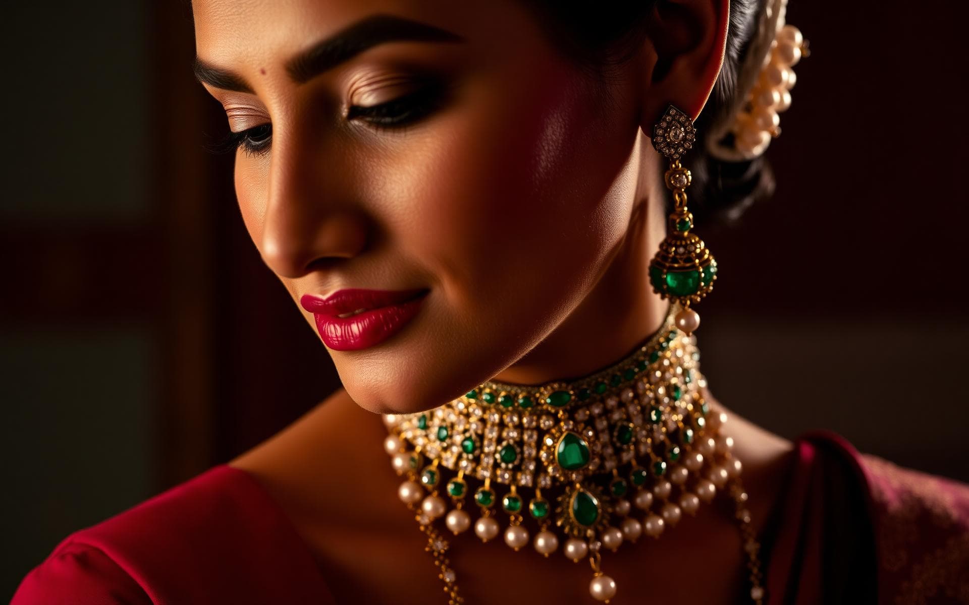 Model wearing an emerald and pearl kundan choker