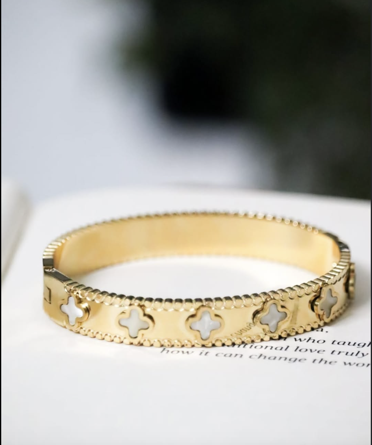 Gold Clover Bangle | Mother of Pearl Four-Leaf Clover Cuff Bracelet