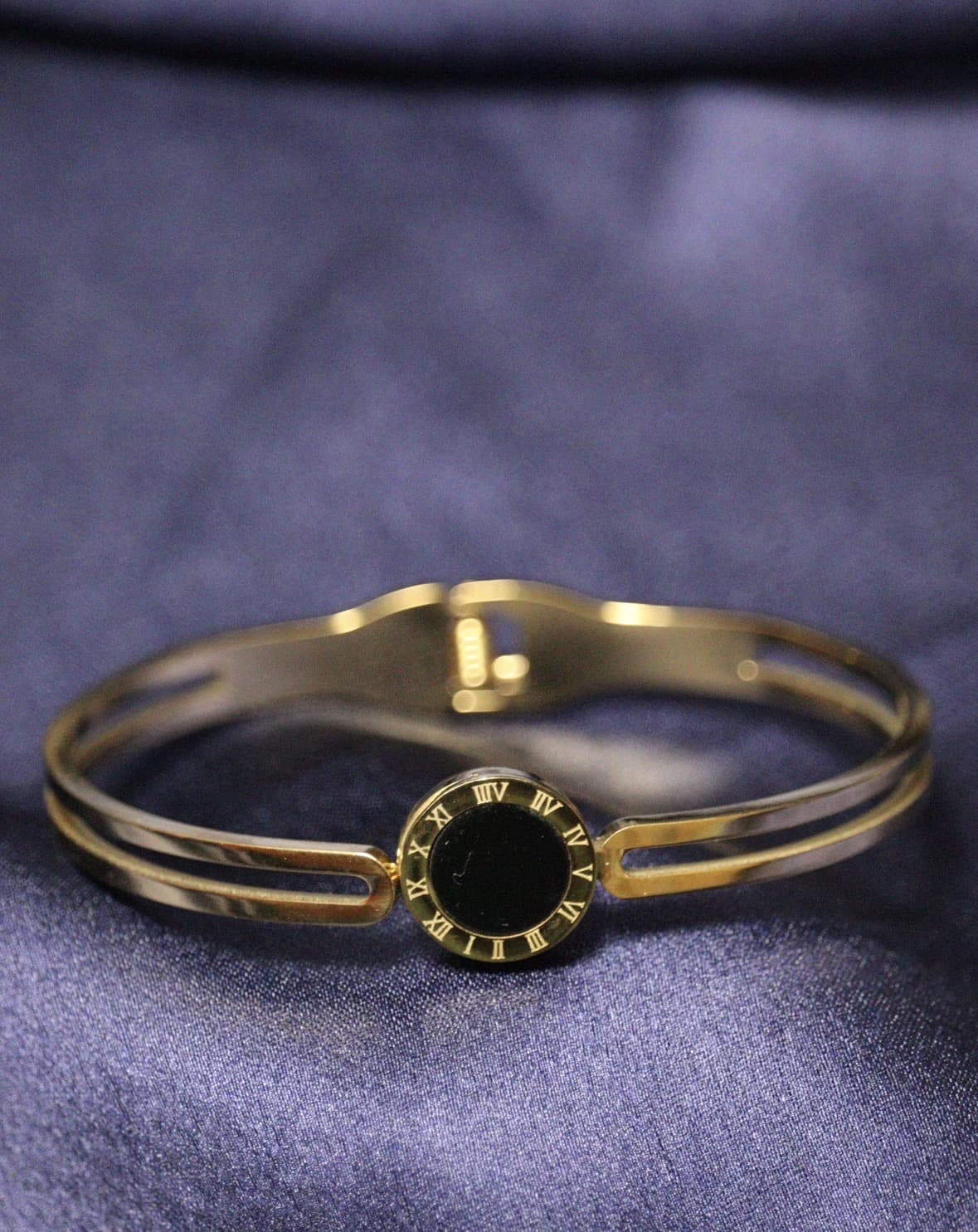 Gold Roman Numeral Bangle | Black Dial Clock Charm Cuff Bracelet