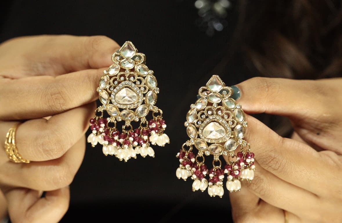 Kundan Chandbali Earrings | Maroon & White Beaded Drop Earrings