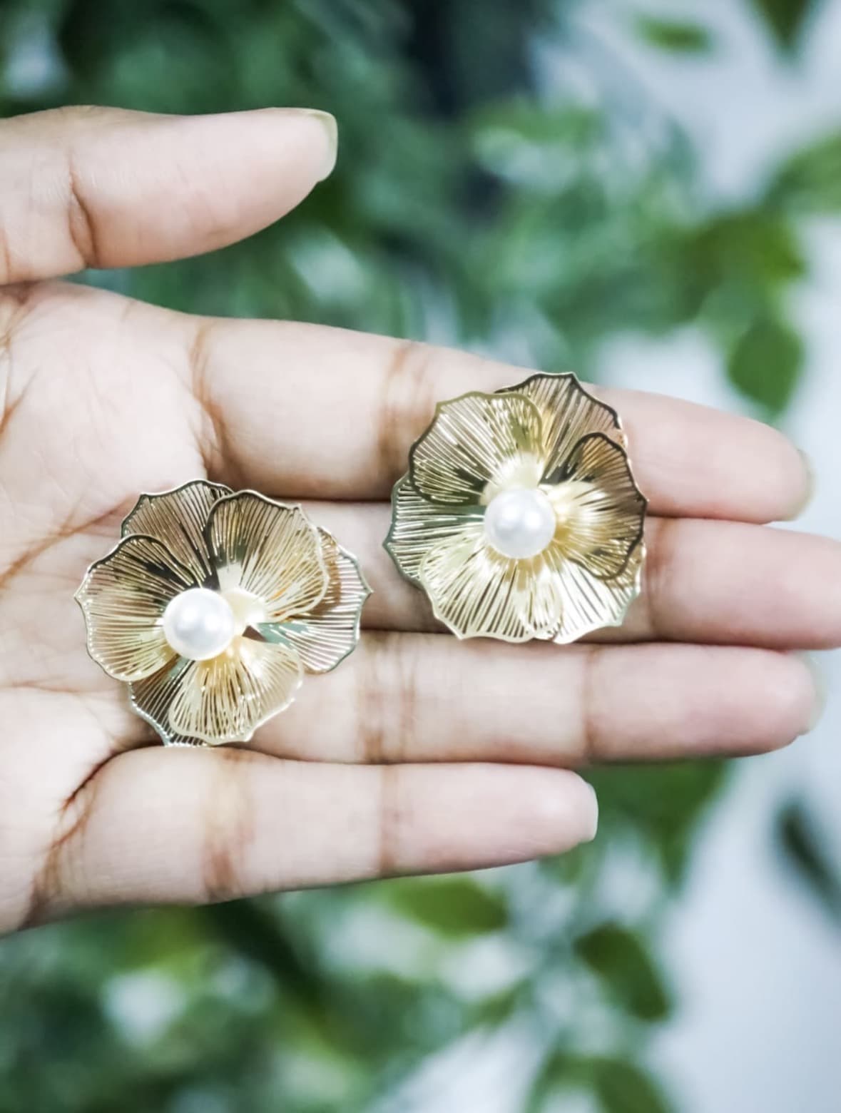 Gold Flower Pearl Stud Earrings | Textured Floral Statement Studs