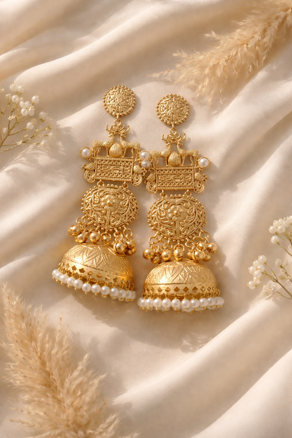 Traditional Gold Jhumka Earrings | Temple Design Pearl Drop Jhumkas
