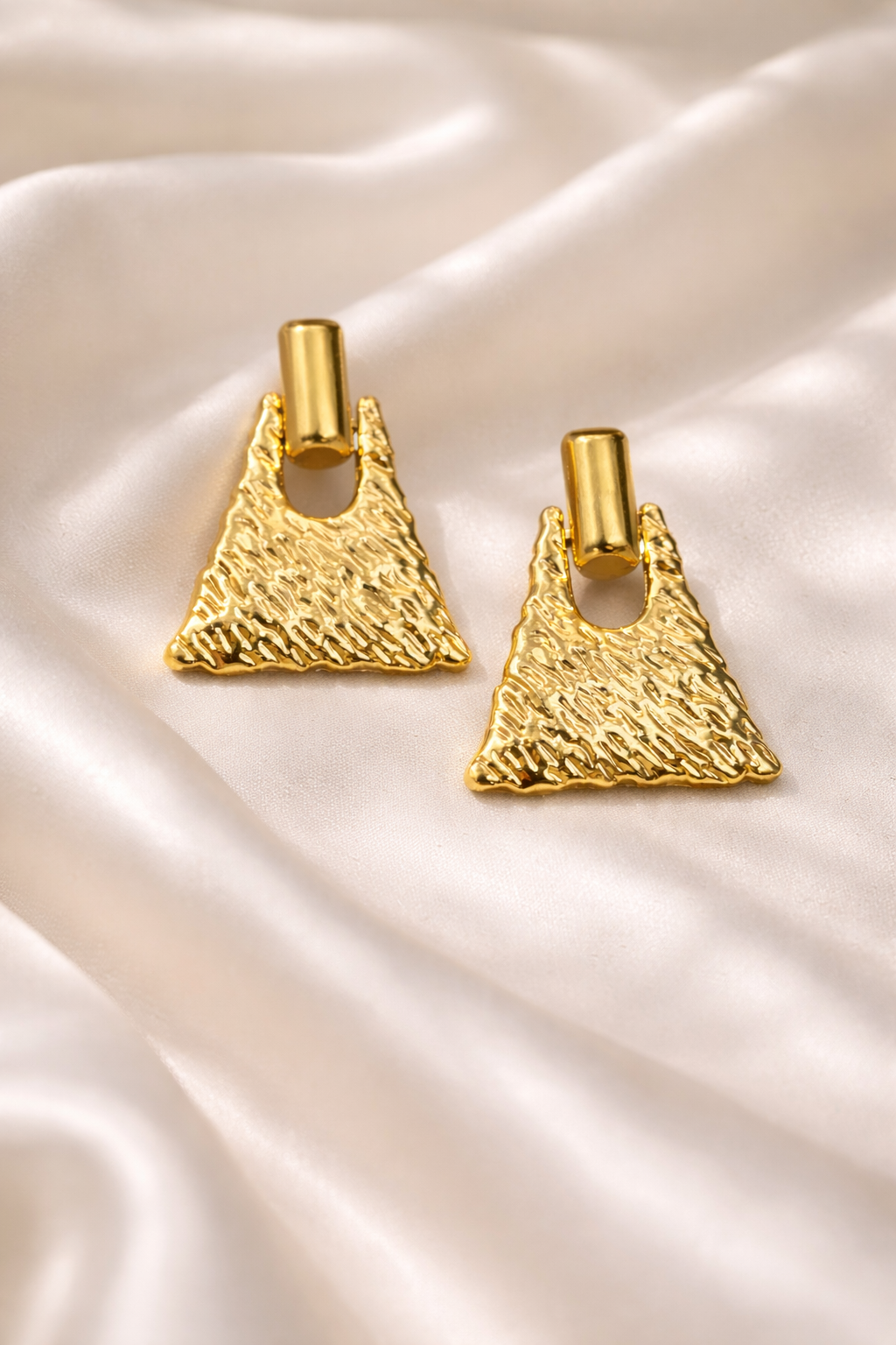 Gold Textured Triangle Drop Earrings | Bold Geometric Statement Earrings