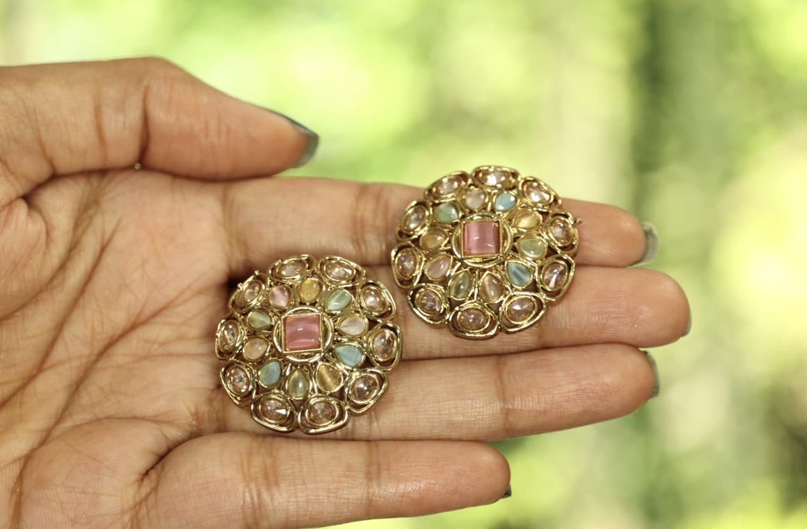 Kundan Polki Gold-Plated Stud Earrings | Anti-Tarnish Traditional Jewellery