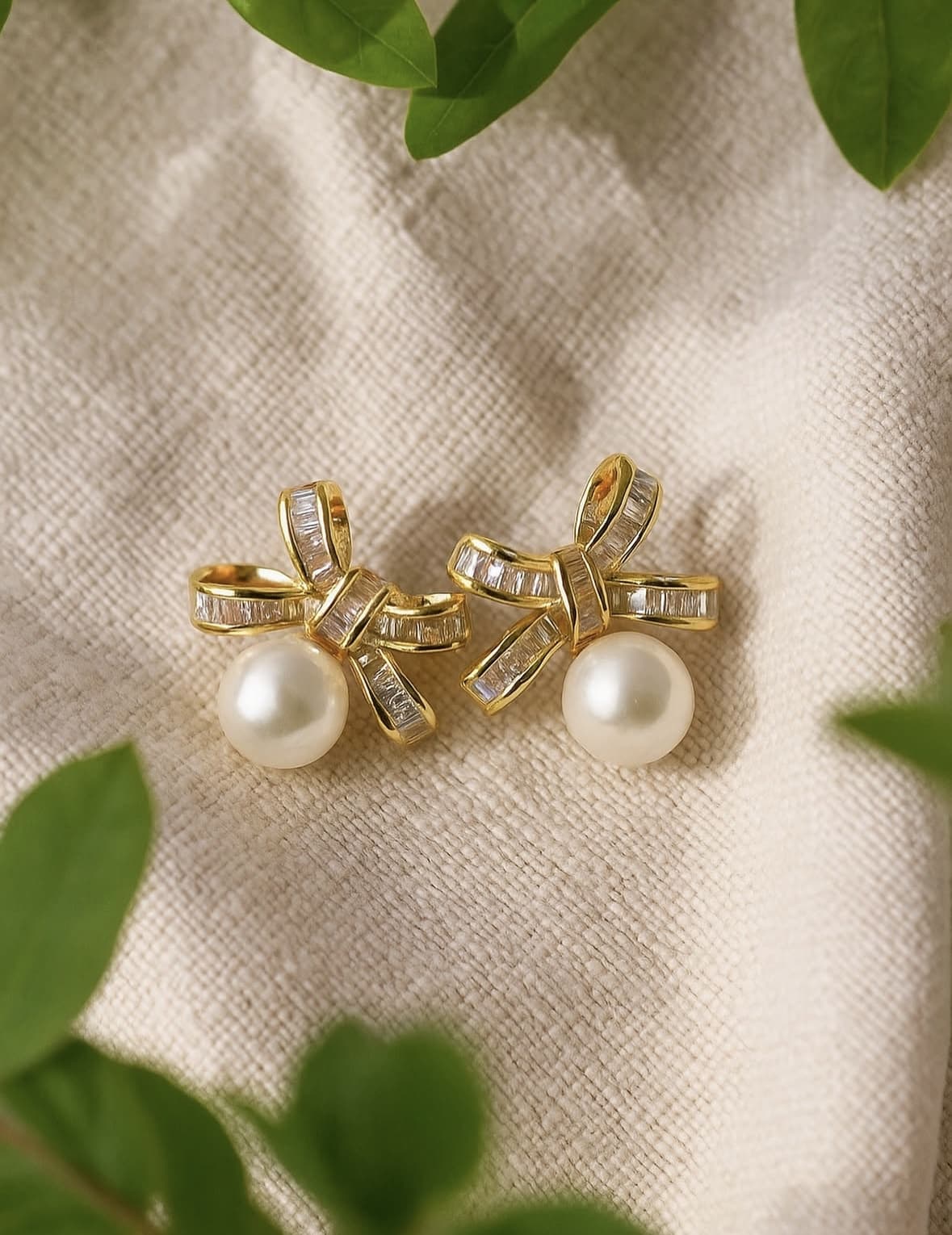 Gold Bow Pearl Stud Earrings | CZ Baguette Ribbon Studs with Pearl Drop