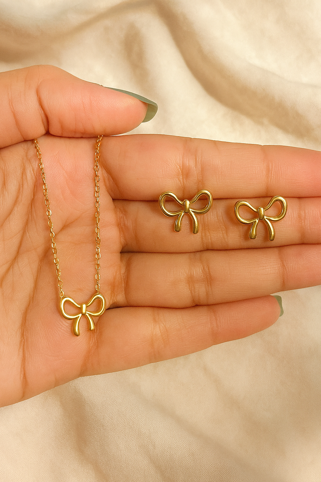 Golden Bow Charm Necklace & Stud Earrings Set