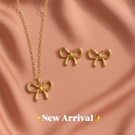 Golden Bow Charm Necklace & Stud Earrings Set